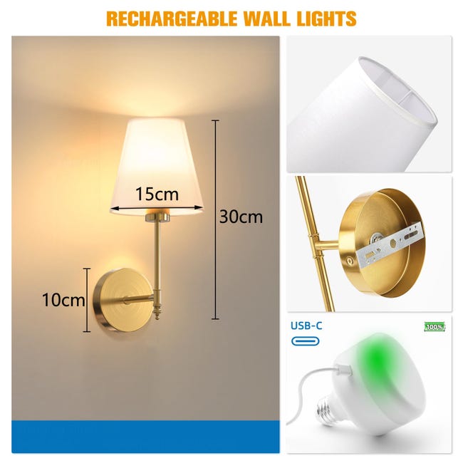 OUTON Set 2 Applique LED Senza Fili A Batteria – Luci Ricaricabili Con Telecomando E Touch, RGB E 3 Tonalità, Timer, Indicatore, Oro