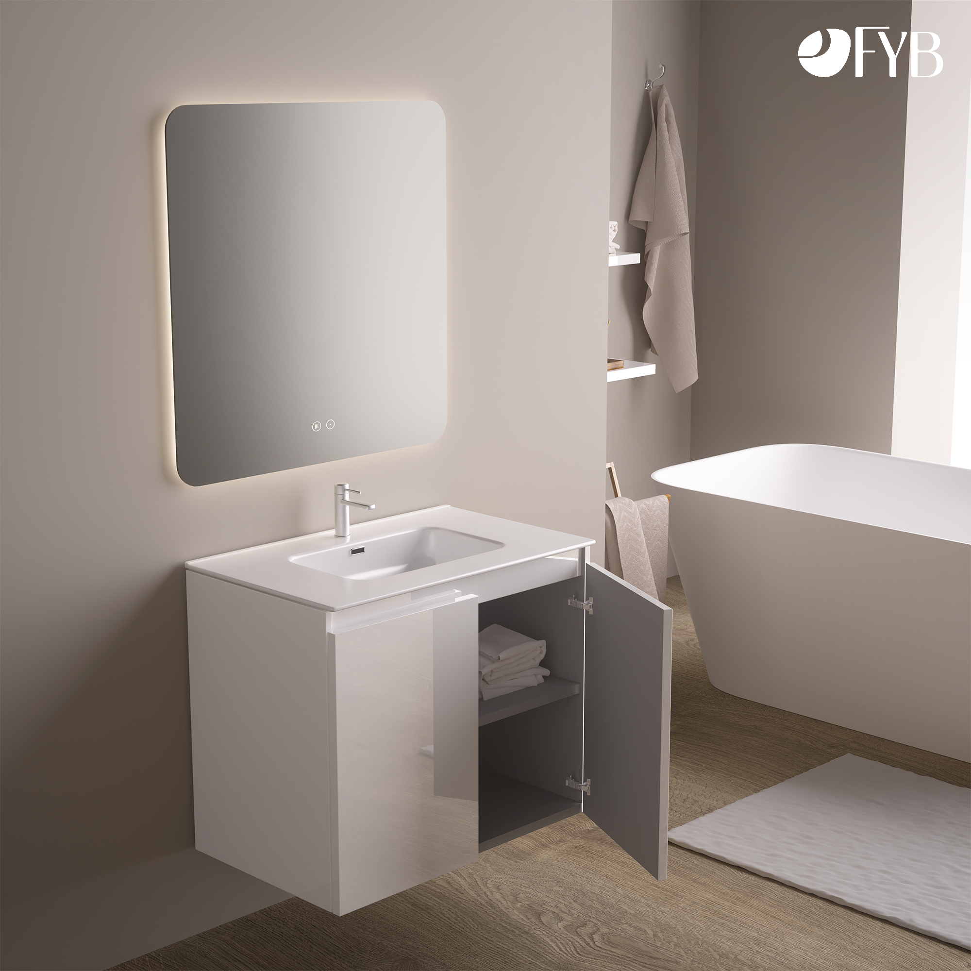 Feel Your Bath, Meuble De Salle De Bain WOLF Blanc 80 cm, 2 Portes, Vasque Céramique Intégrée Et Miroir Carré LED Antibuée - 2