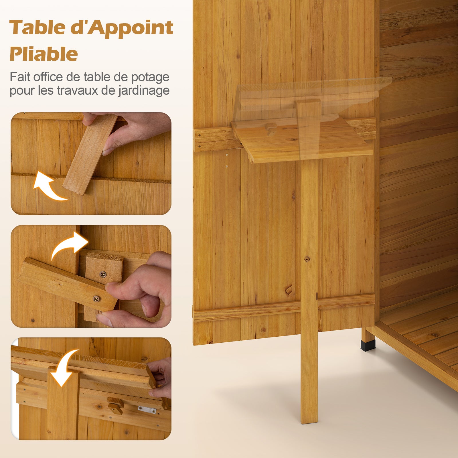 Abri de Jardin en Bois, Armoire d'Extérieur avec Porte Verrouillable, Étagères Amovibles, Table Latérale Pliante, 3 Crochets, Toit en Asphalte - 5