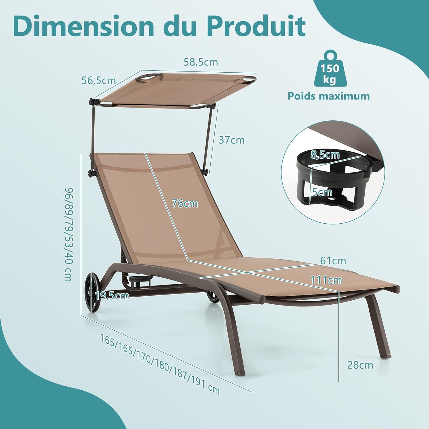 Transat Jardin Extérieur - Pare-Soleil Réglable, 165x61x96 CM, Bain de Soleil - Dossier Réglable 6 Niveaux avec Roulettes Charge 150KG, Marron - 3