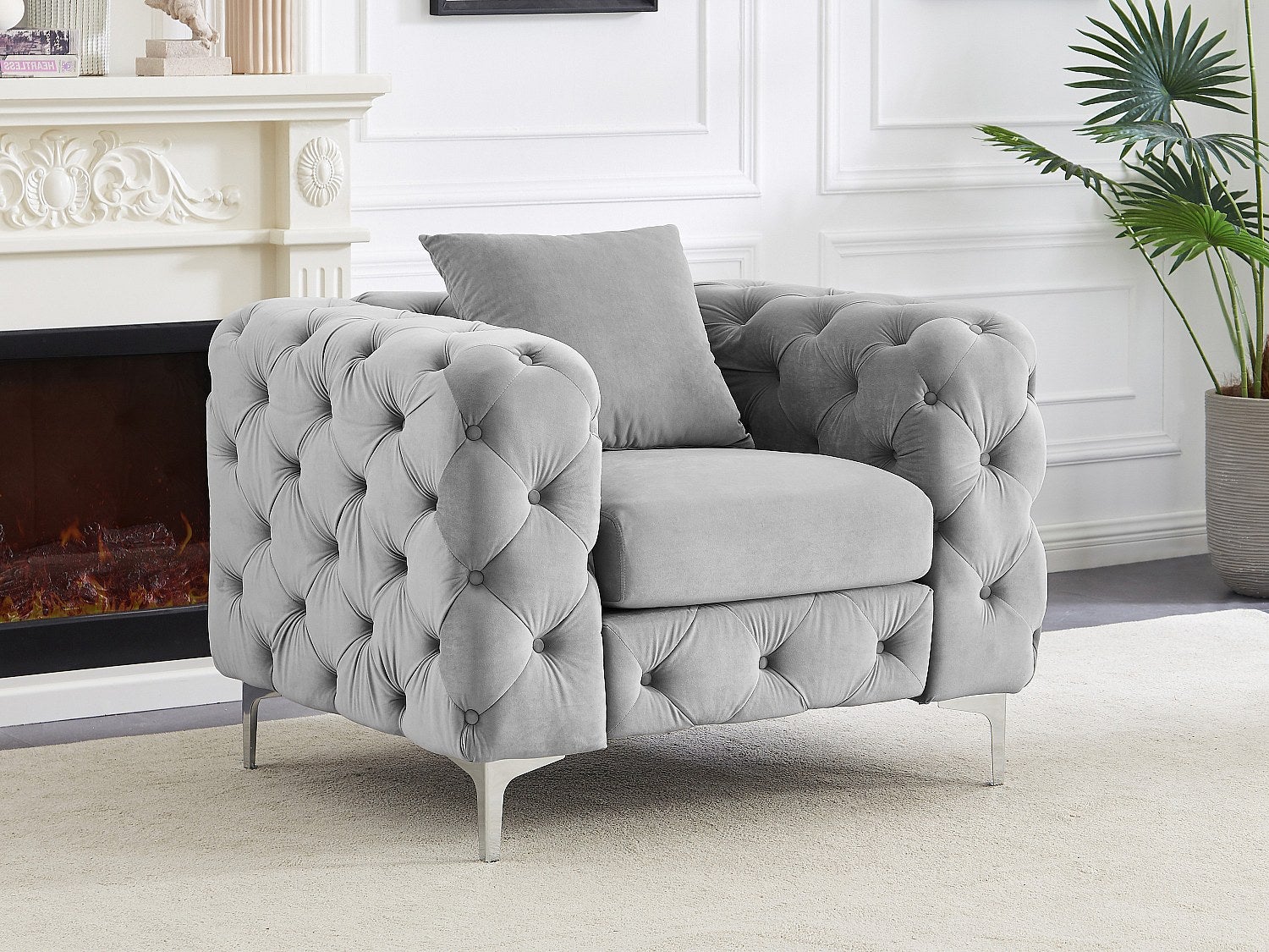 Fotel Chesterfield z weluru jasnoszary – EDWINA