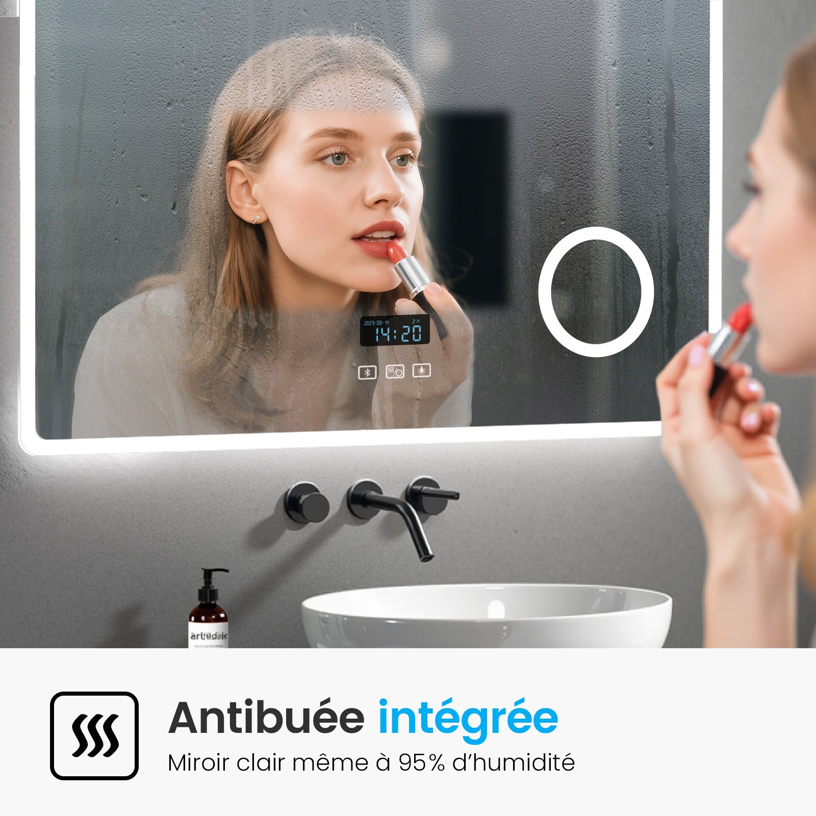 Heilmetz Miroir Salle de Bain LED 100x60 cm avec Bluetooth, Anti-buée, Éclairage 3 Couleurs, Horloge Digitale - 3