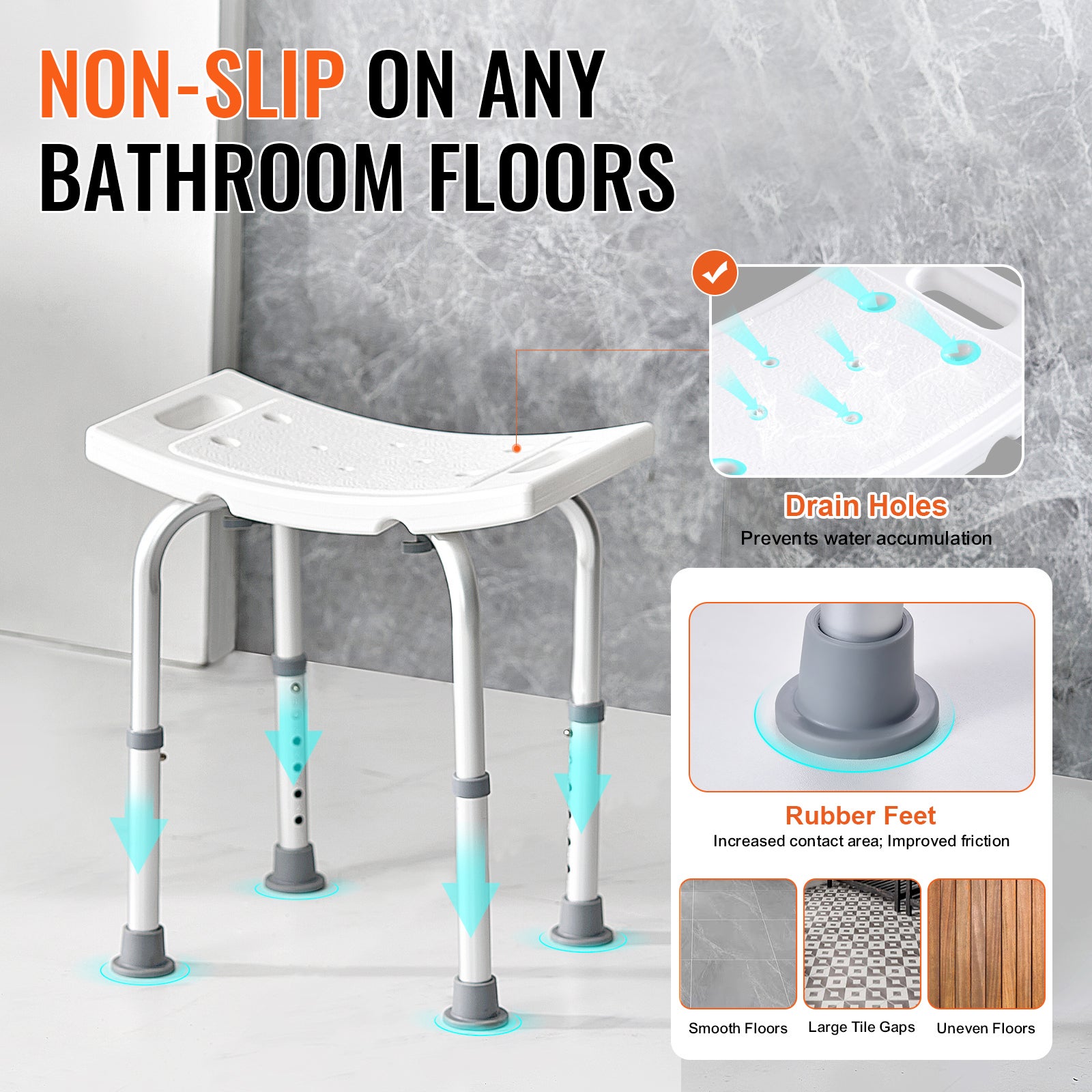 Chaise de douche réglable SucceBuy en hauteur avec poignées intégrées, banc antidérapant, tabouret de baignoire, supporte 158,8 kg - 5