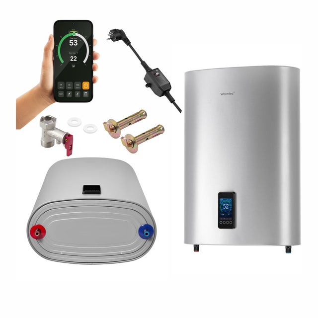Bojler elektryczny 30l Wi-Fi pionowy/poziomy srebrny pojemnościowy kolorowy wyświetlacz Warmtec BPC30