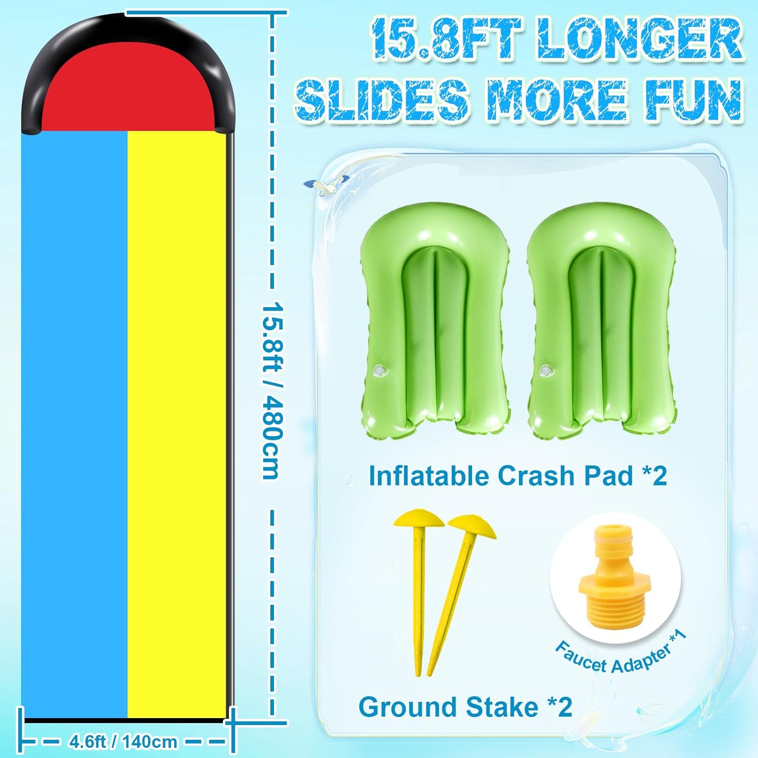 Toboggan aquatique double de 480 cm avec tapis de toboggan, 2 planches gonflables, toboggan de pelouse avec jeux de jardin pour arroseur, l'été - 4