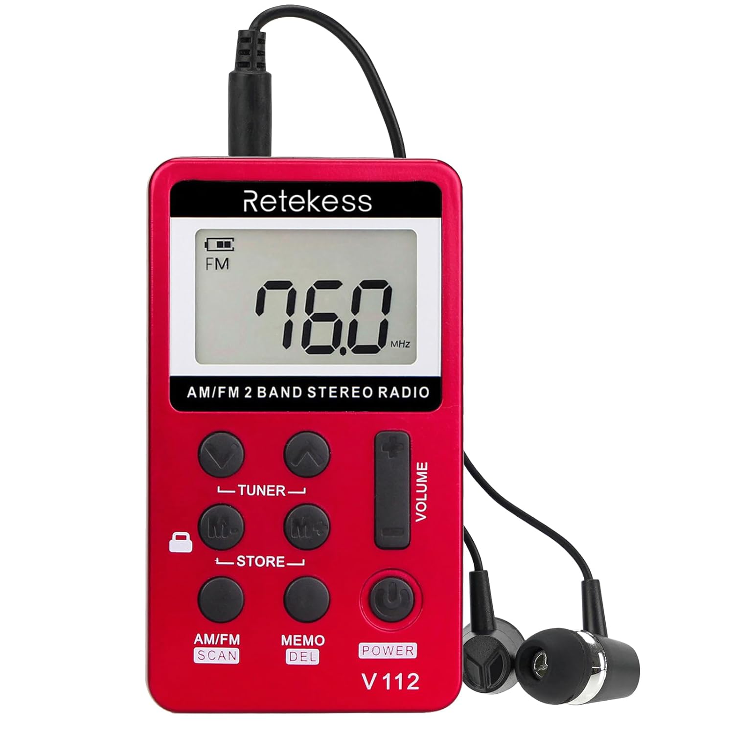 (Czerwony) V112 Mini Radio Przenośne, Kieszonkowe Radio Przenośne, FM/AM, Mini Walkman z Akumulatorem, Budzik, Gniazdo Słuchawkowe 3,5 mm, Do Użytku