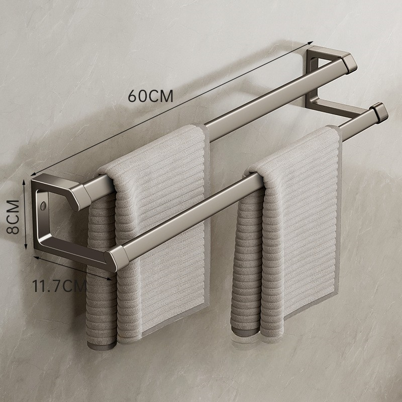 Szary wieszak ścienny na ręczniki 60 cm, wieszak łazienkowy na ręczniki, podwójny drążek, uchwyt ścienny bez wiercenia, aluminiowy wieszak na ręczniki - 6
