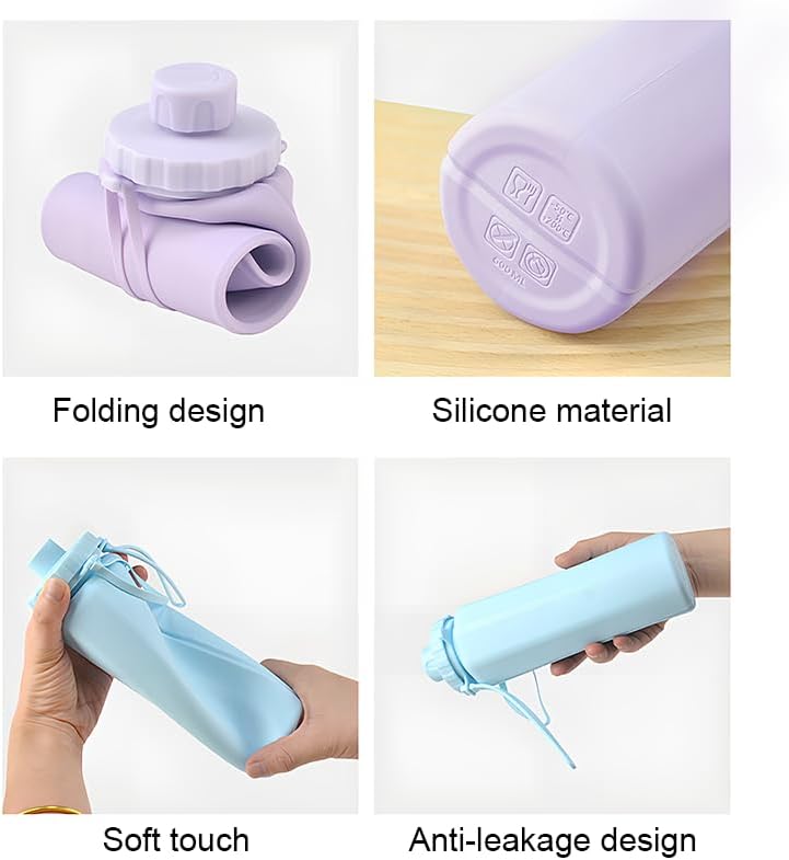 Gourde pliable 600 ml, en silicone, légère et étanche, idéale pour le camping, la randonnée, le vélo et les activités de plein air. violet. - 6