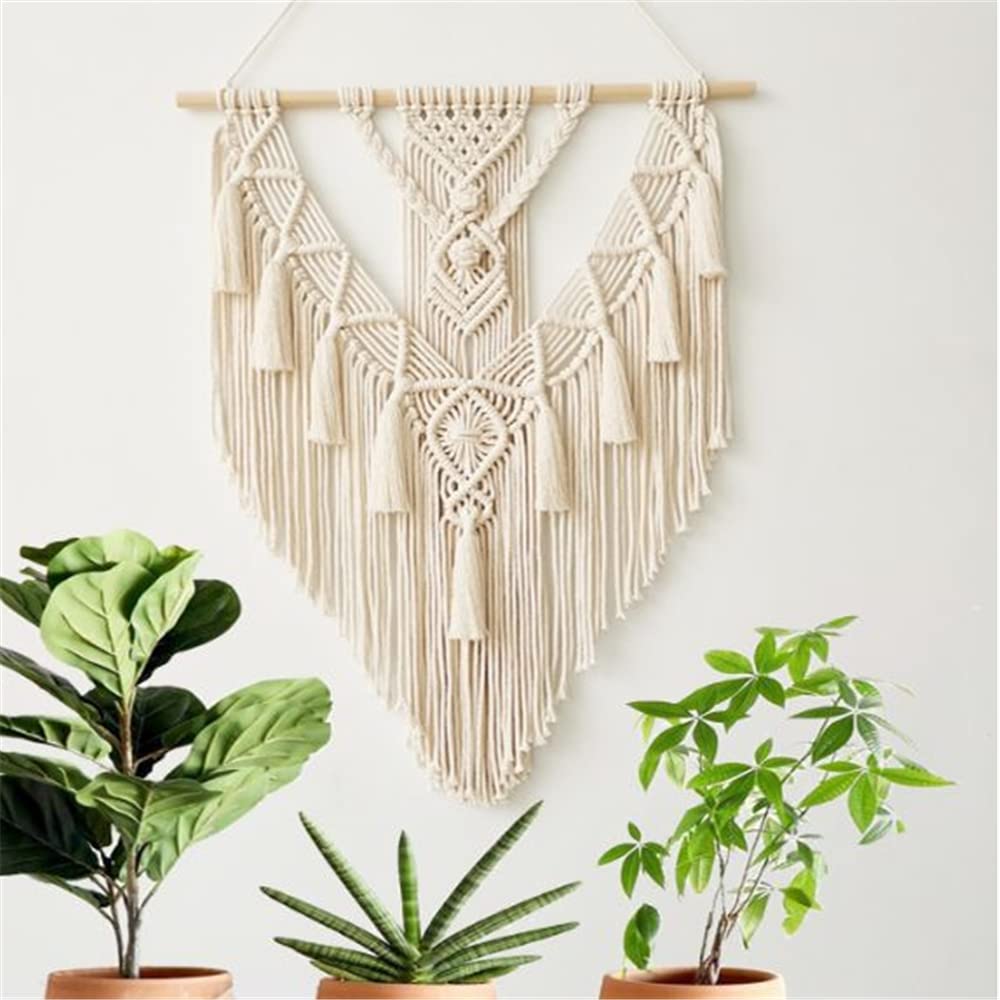 Tapisserie murale en macramé tissé, motif géométrique, faite main, décoration bohème avec pompons, ornement pour chambre, salon, appartement (beige) - 4