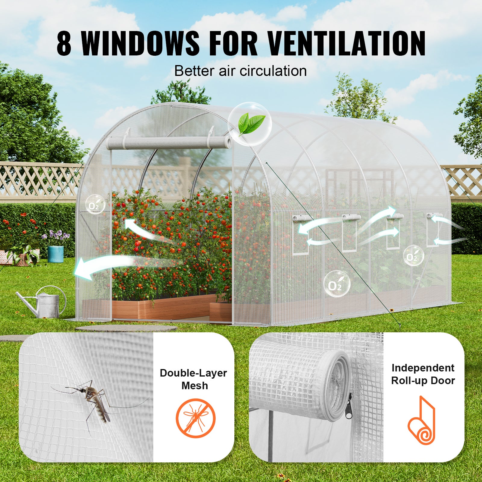 Serre tunnel de jardin,VEVOR tente phytosanitaire,cadre en acier galvanisé,couverture en PE blanc,porte à fermeture éclair roulante,8 fenêtres - 6