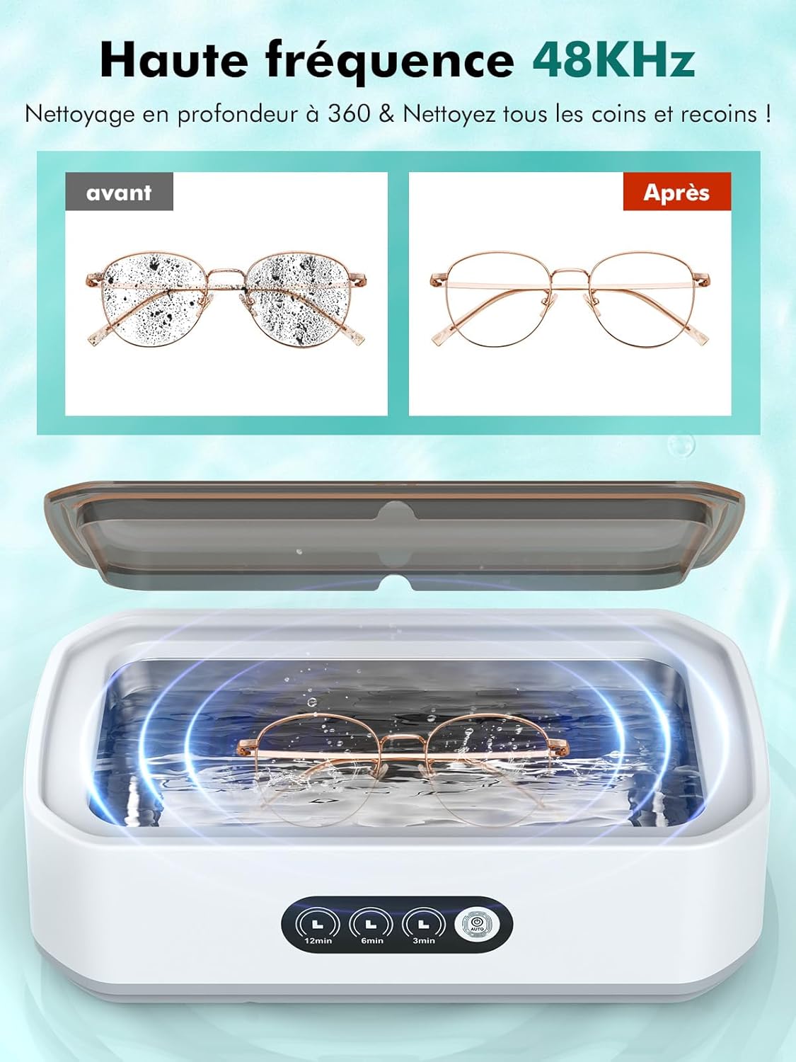 Nettoyeur à ultrasons, 48 ​​kHz, 650 ml, à une touche, adapté au nettoyage des lunettes, bijoux et prothèses dentaires - 5