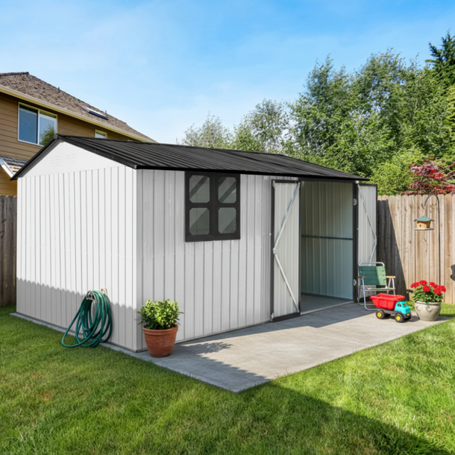 Domek ogrodowy 362×285,5 cm – 10,34 m², stalowy, dach dwuspadowy, drzwi zamykane na kłódkę, stół składany, półki
