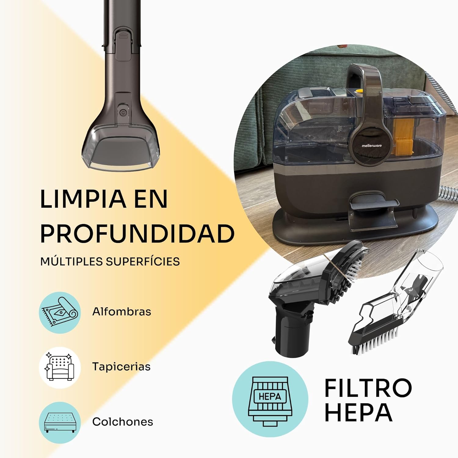 Mellerware - Aspirador para Estofos Cleany Carpet 600W, Limpeza eficaz com função Húmido&Seco: Manchas e líquidos em colchões, sofás e tapetes - 8