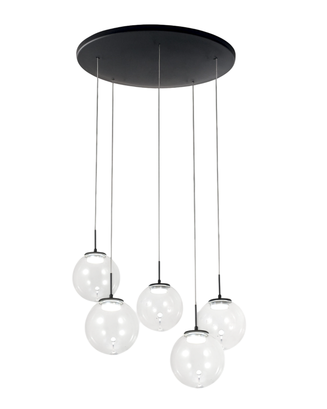 Ariel - Fabas Luce 5-lampowa okrągła lampa wisząca - 35W ściemnialna dioda LED - Przezroczysta okrągła rozeta sufitowa śr. 50 cm