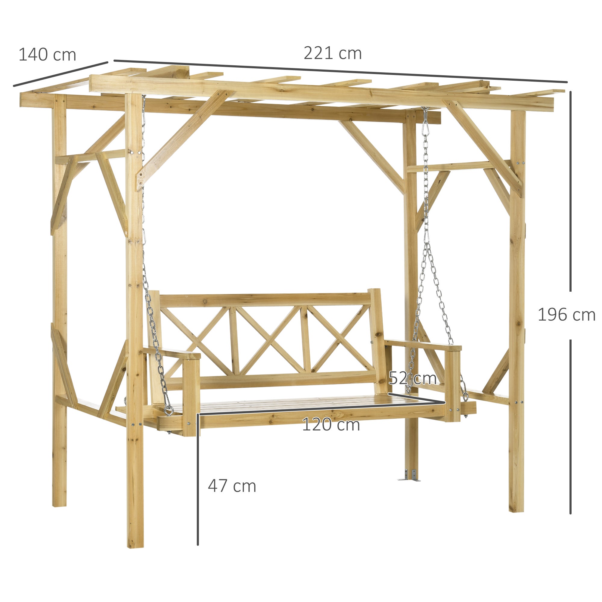 Balançoire avec dossier, 2 places, hauteur réglable, structure en bois massif, 2,21 x 1,40 x 1,96 m - 5