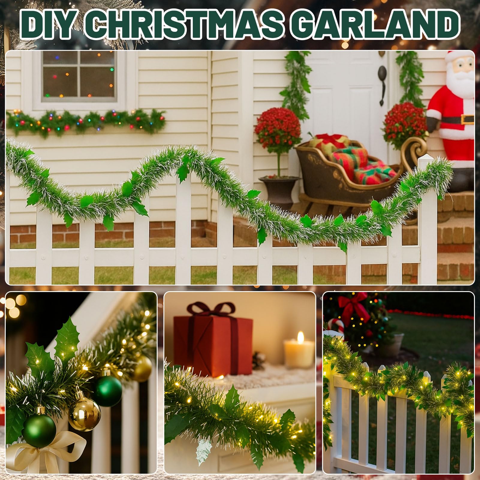 Guirlanda de Natal Artificial de 10 m com Luzes de LED, Cordão de Luzes de Natal de 10 m com 100 LEDs, 8 Modos, Luz Quente (C) - 6