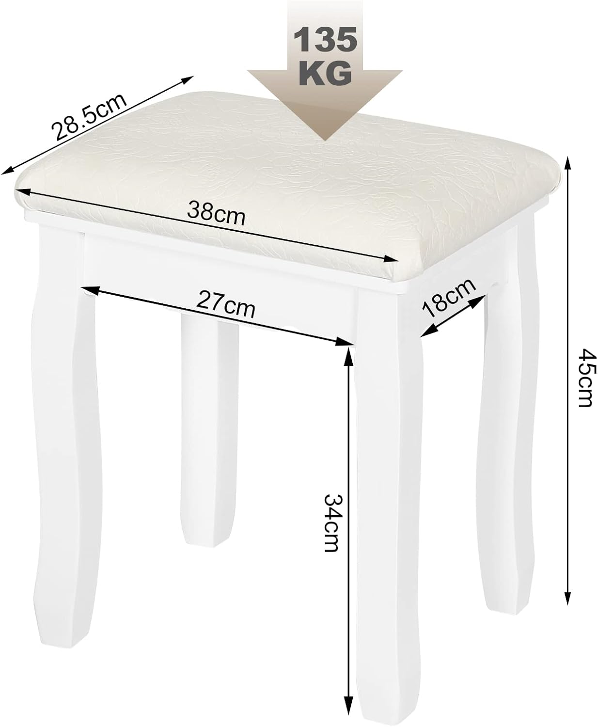 Tabouret Coiffeuse WOLTU, Chaise de Maquillage en Velours, Pouf Banc Piano Style Baroque, Pieds en Bois Massif, 38x28,5x45cm, Blanc - 4