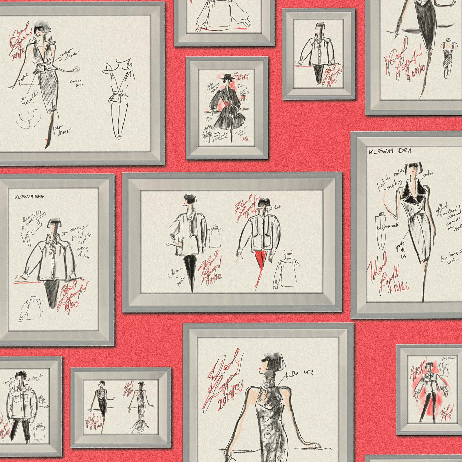 Papel pintado rojo estampado con relieve papel pintado con dibujos de bocetos de moda papel pintado vinílico para interior creativo