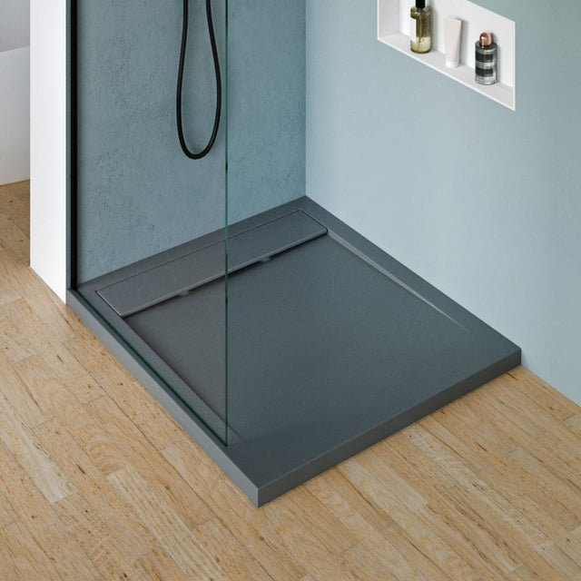 BERNSTEIN - Receveur de douche fonte minérale 100x80x4.5cm Anthracite mat + Bonde type B, Bac douche antidérapant, Pente écoulement