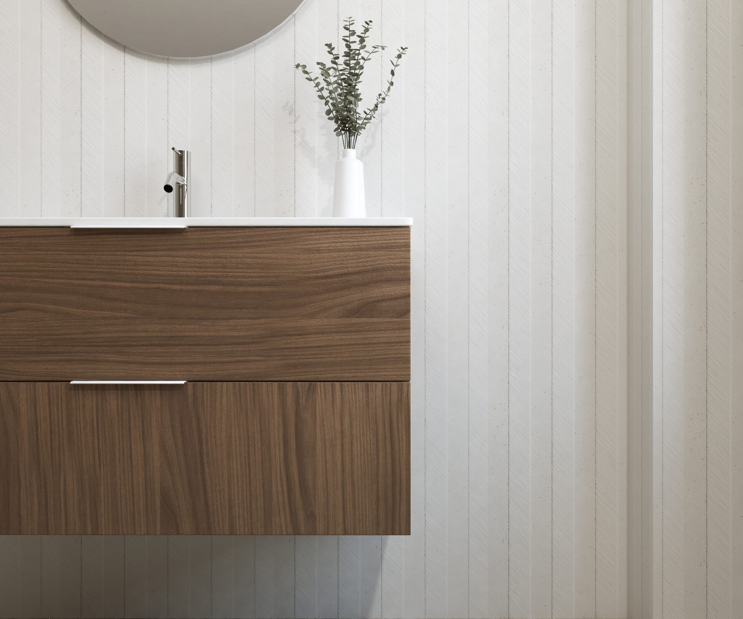 Meuble de salle de bain Mapau Pack avec lavabo et miroir rond SAVART noyer 100cm - 2