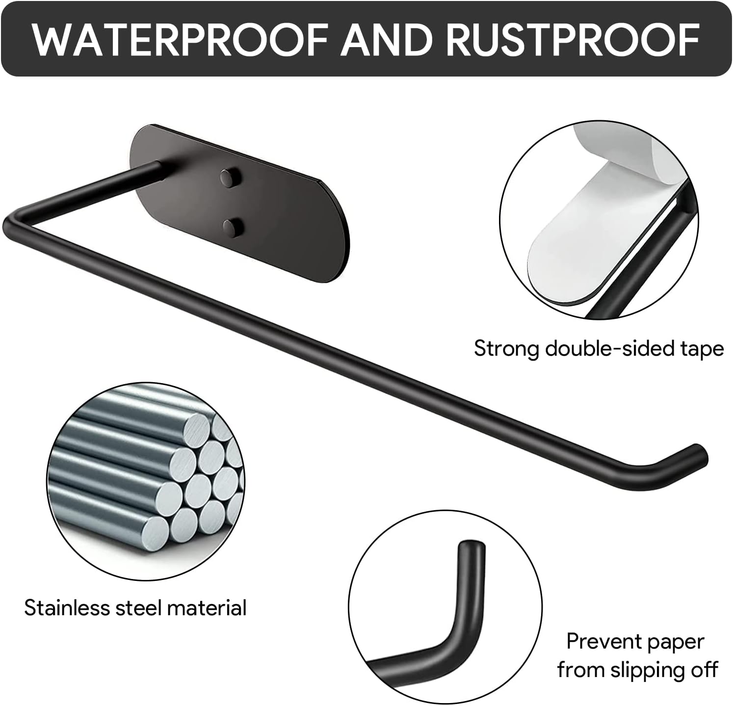 Czarny uchwyt na ręczniki papierowe, ścienny uchwyt na ręczniki papierowe, samoprzylepny uchwyt na ręczniki papierowe do kuchni bez wiercenia, uchwyt - 2