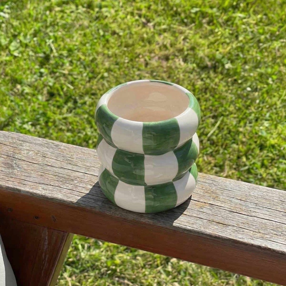 Cache pot en céramique à damiers vert / blanc, H10cm - Ornami - 2