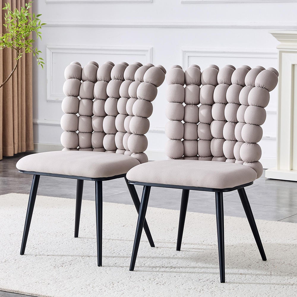 Krzesła do jadalni z welurowymi kulkami (zestaw 2 szt.) – nogi z metalu pomalowanego na czarno + stabilna podstawa, jasnoszare