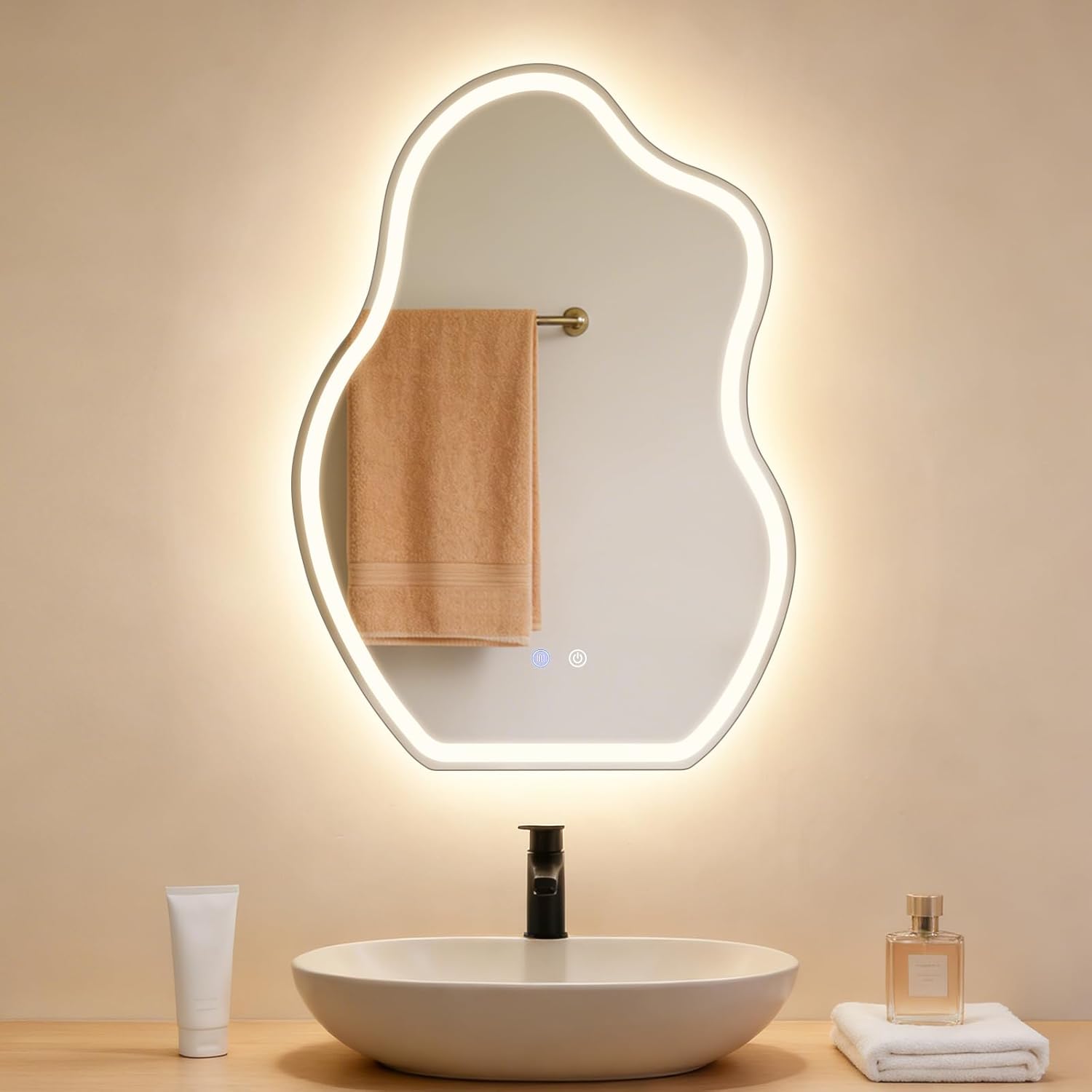 Netlife Oglindă de baie LED-uri Asimetrică 50x70cm, Tactil, Antibue, Dimable 3000-6500K, IP44, Mural. Oglindă Luminoasă Design.