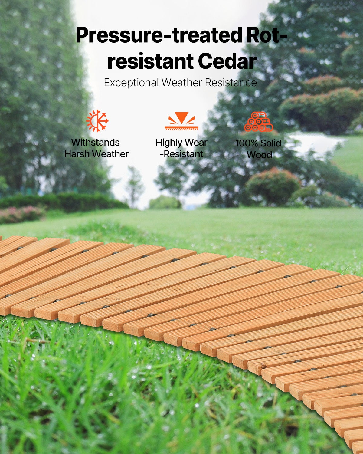 Allée de jardin en bois,VEVOR 8 pi x 17 po,cèdre incurvé antidérapant,connexion par câble,chemin décoratif extérieur pour cour - 4