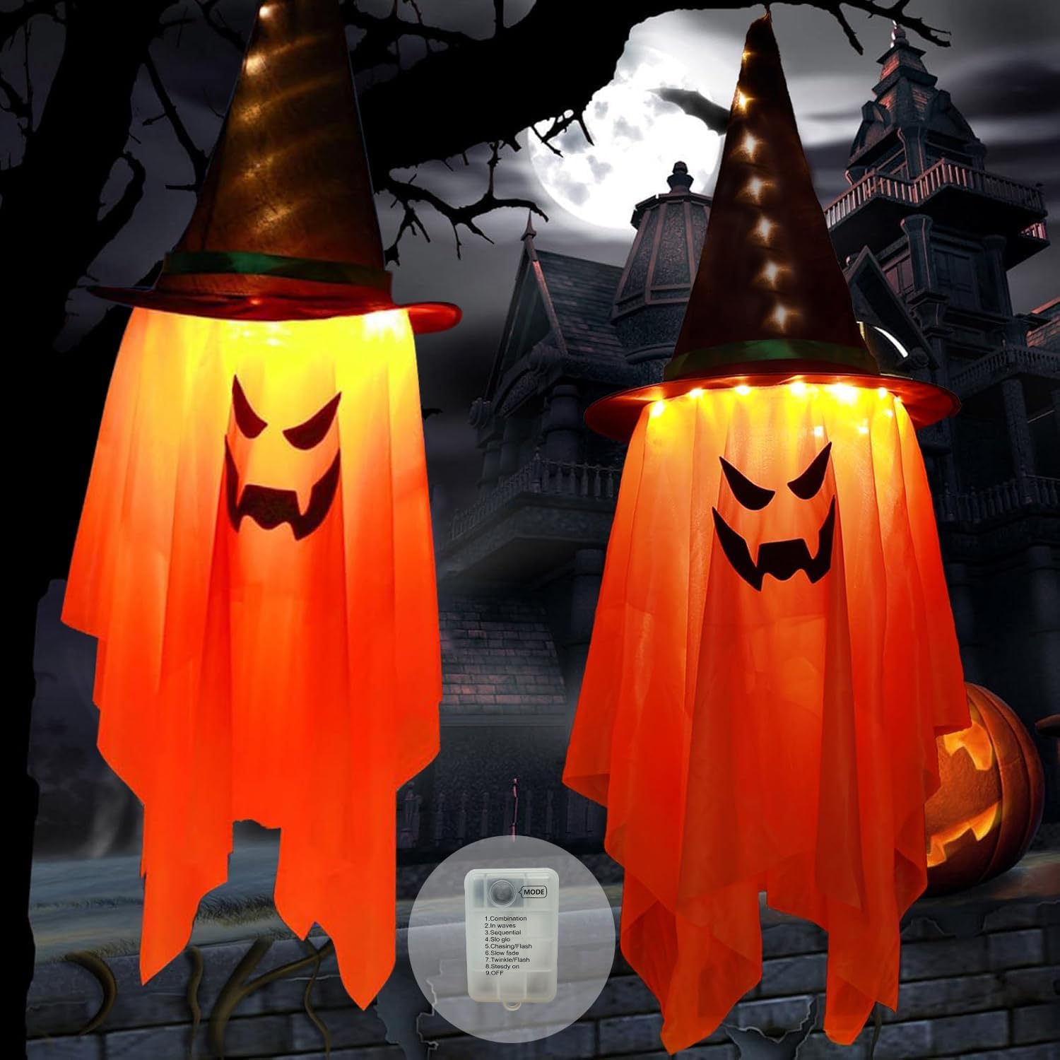 2 Duszki na Halloween z Kapeluszem Czarownicy – Girlanda LED 8 Trybów, Dekoracja Domu, Impreza, Ogród (Pomarańczowy)
