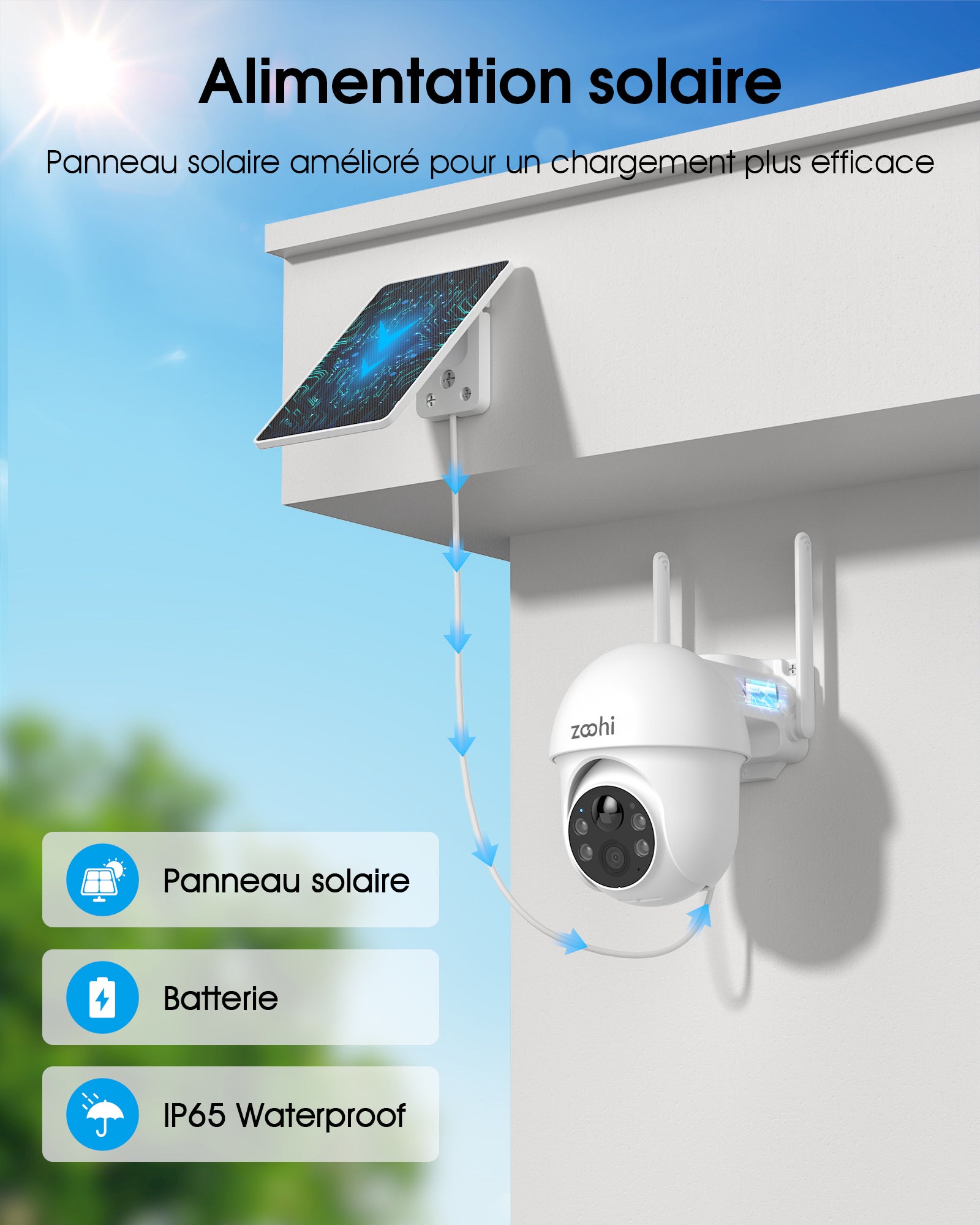 Caméra de surveillance sans fil WiFi extérieure solaire 4MP panoramique 360°, détection PIR, audio bidirectionnel-ZOOHI - 2