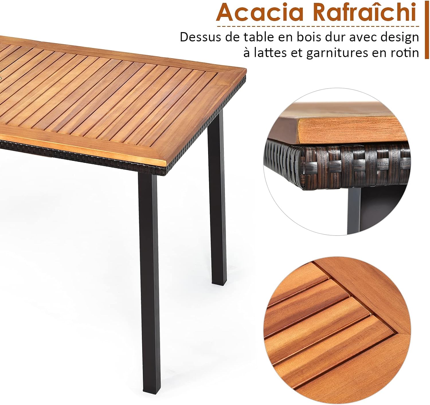 Table à Manger Extérieur en Bois d'Acacia Certifié FSC pour 6 Personnes, Table 140x75 cm avec Trou pour Parasol 5 cm,Pied en Métal - 4