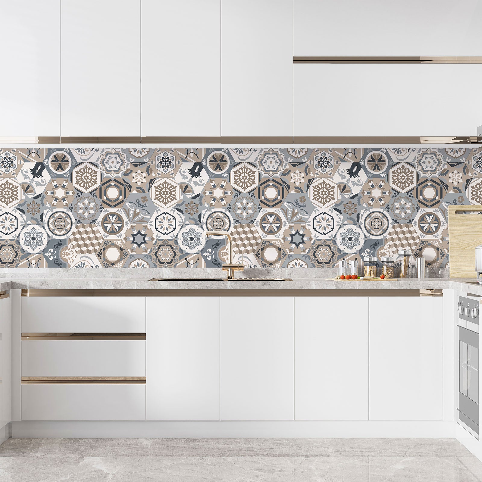Crédence adhésive sticker décoratif pour cuisine - Effet carreaux de ciment - Adhésif BRILLANT - 60x78 cm - 3