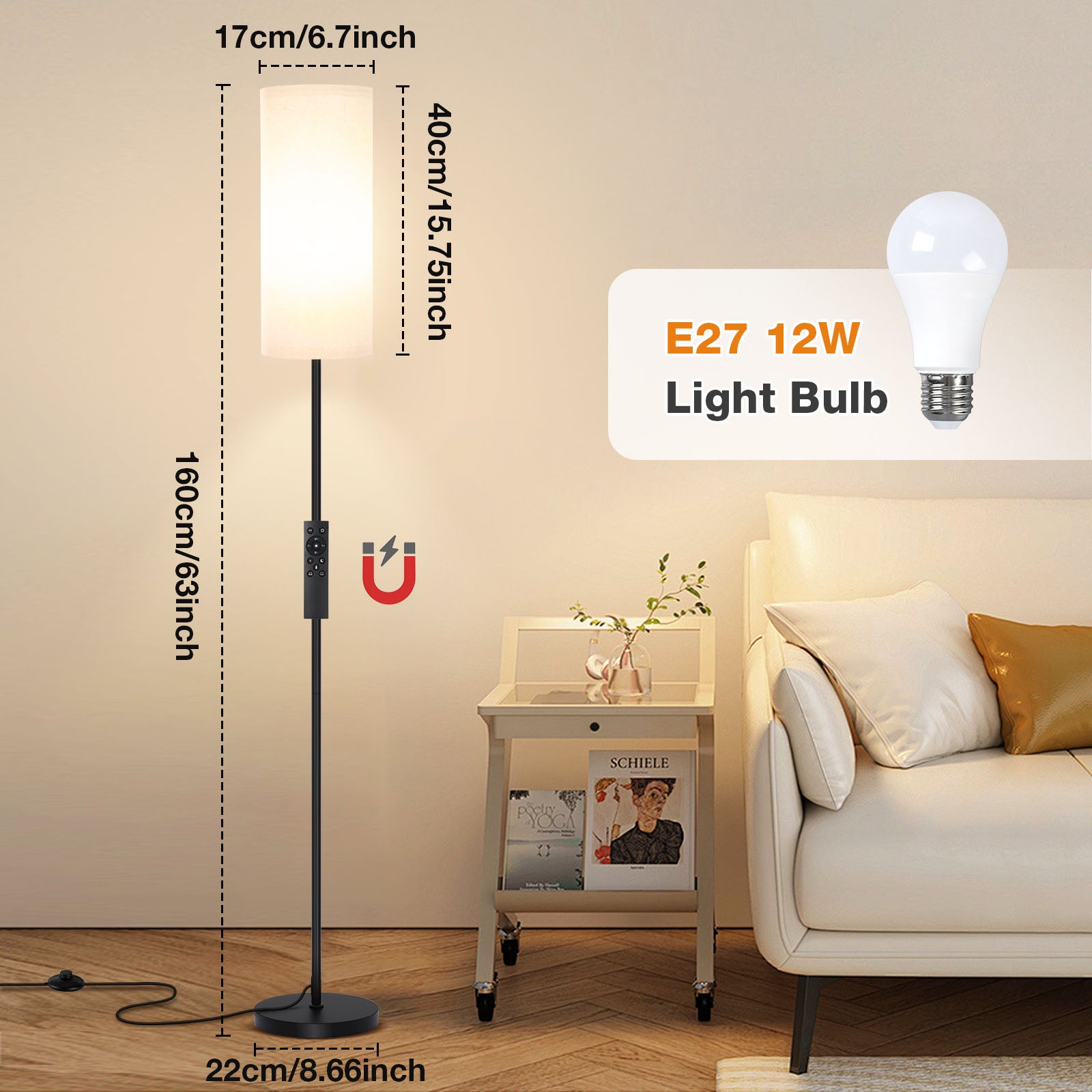 Lampadaire LED 12W Dimmable avec Télécommande Magnétique, Abat-Jour en Lin, Noir, 160 cm (Ampoule incluse) - 2