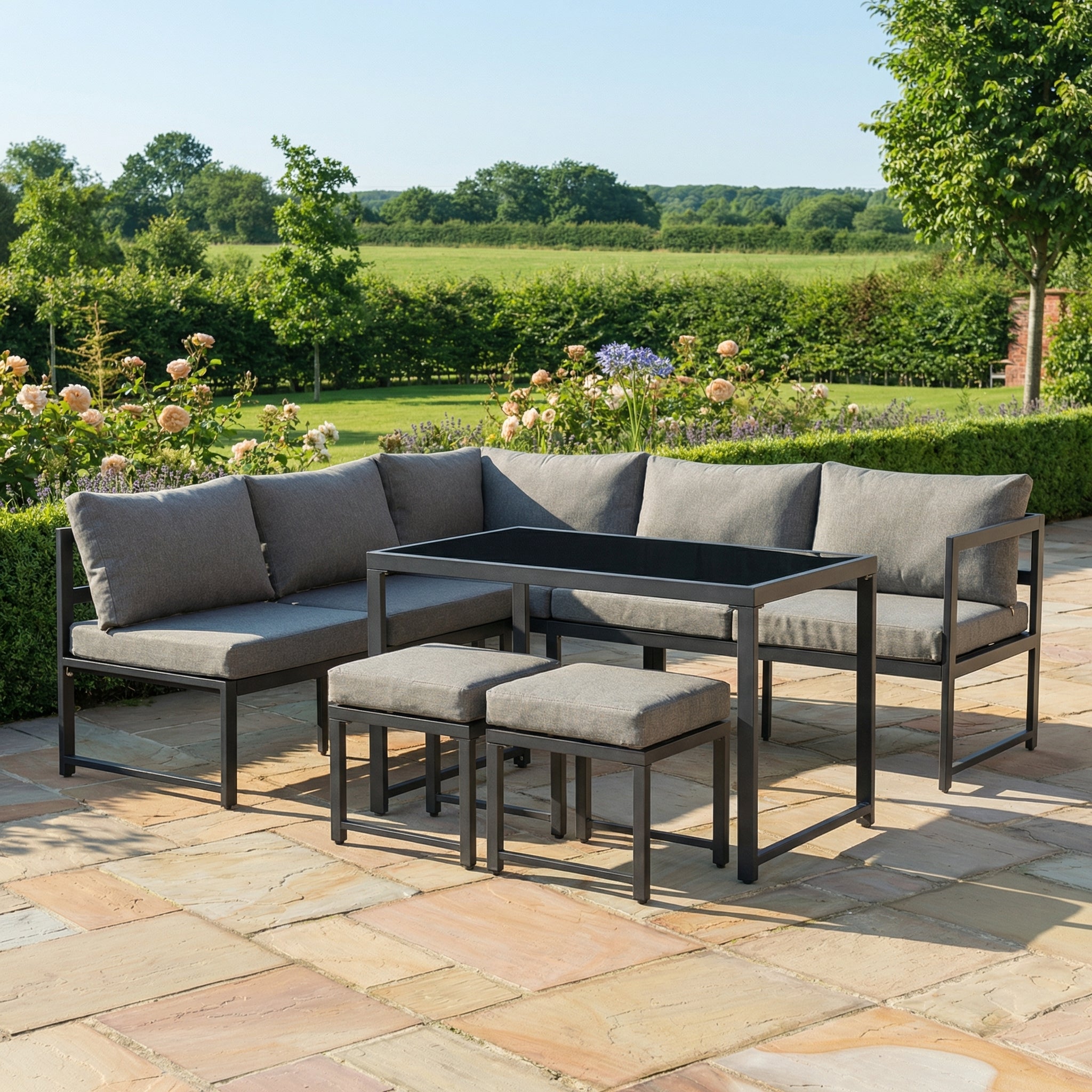 Muebles de jardín modulares de metal: 1 sofá elevable de 3 plazas + 1 sofá de 2 plazas + 2 taburetes + 1 mesa de centro de cristal - Gris + negro - 3