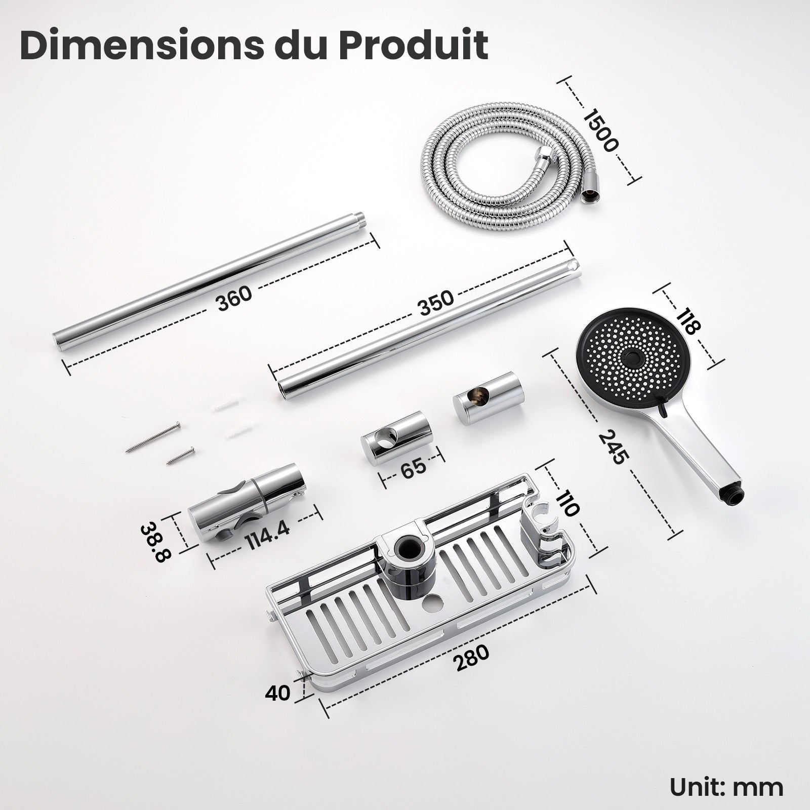 Auralum max Barre de Douche en Acier Inox avec Douchette 5 Jets,Réglable 700mm,Support Coulissant à 360°, Étagère de Rangement Incluse,Chrome - 6