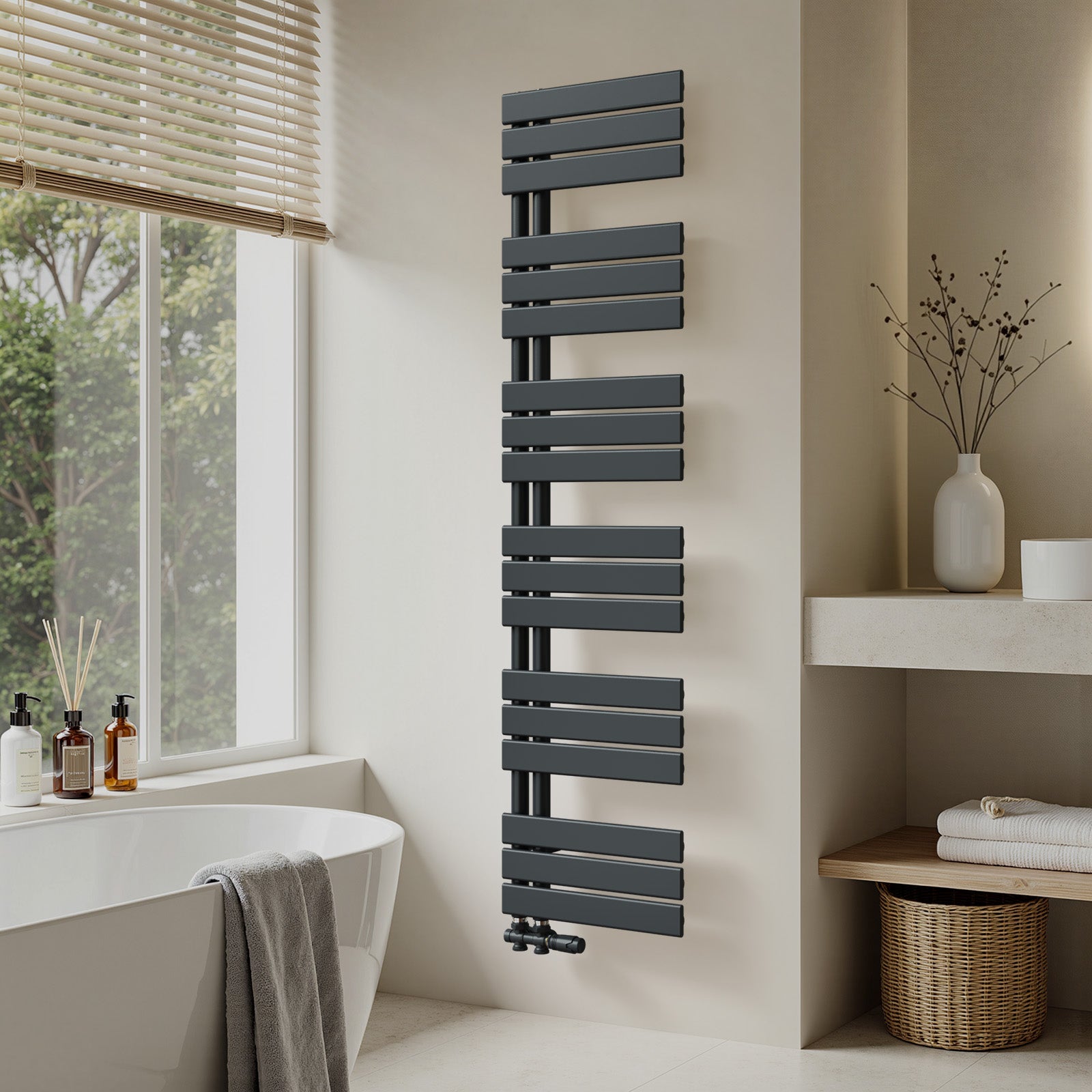 Grzejnik łazienkowy drabinkowy na ciepłą wodę - Stalowy z podłączeniem środkowym - Kolor antracytowy - Wymiary 1599 x 400 mm - Moc 718 W