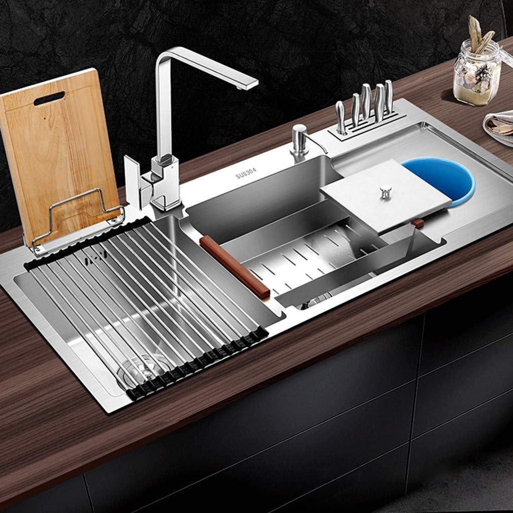 Conjunto de fregadero de cocina sientice, acero inoxidable, doble cubeta integrada con escurridor y grifo monomando, 92 x 45 cm