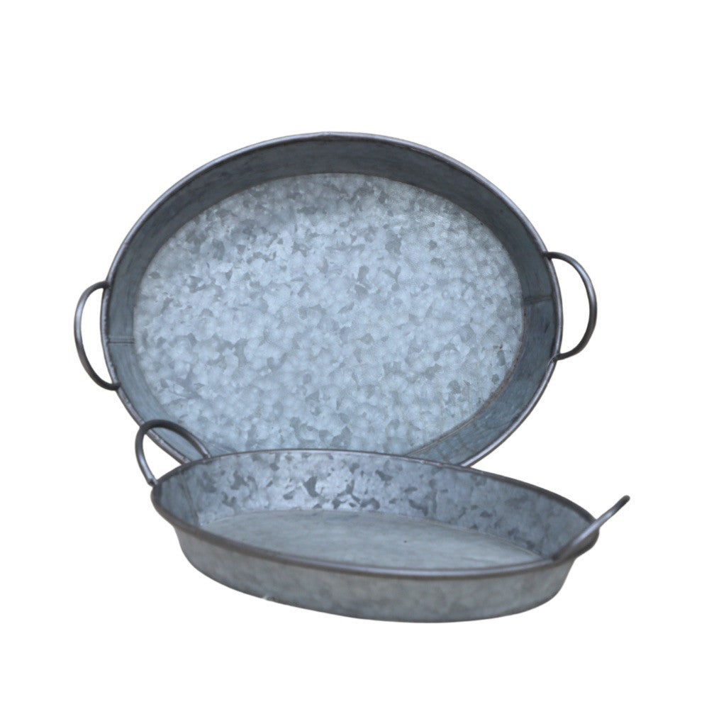 Lot De 2 Plateaux Ovales Métal Galvanisé Rustique - 35x13cm Et 30x12cm