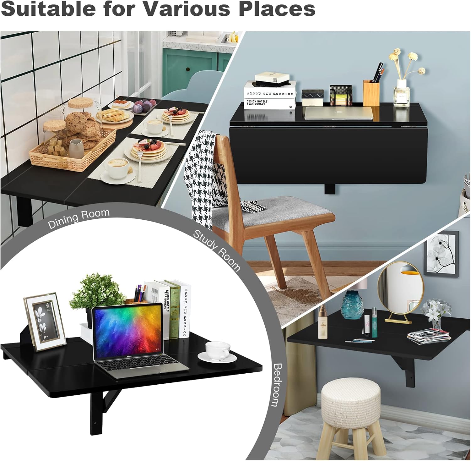 Table Pliante Murale, Plateau Rabattable, Bureau Peu Encombrant, Table à Manger en Bois, 80 x 60 x 45 cm (Noir) - 6