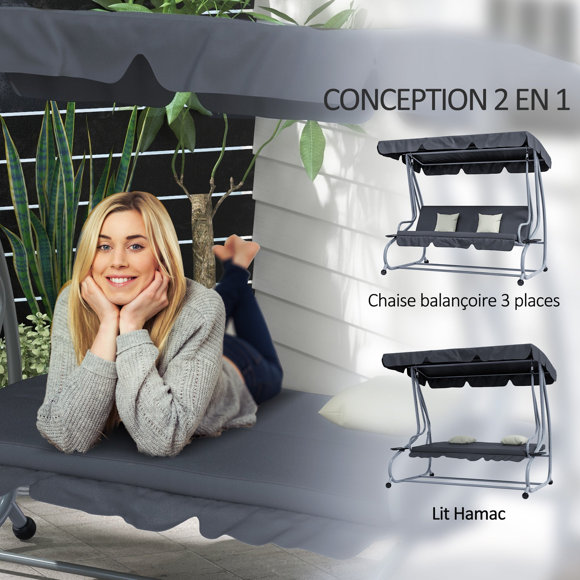 Balancelle de jardin 3 places convertible 2 tablettes coussins gris - 4