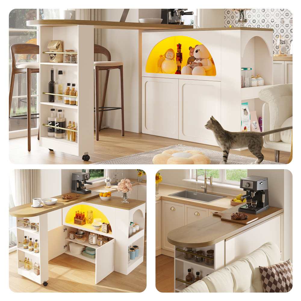 Mesa de bar extensible con led y almacenamiento, mesa alta telescópica moderna 135-205×39×100cm, móvil y versátil para cocina y salón
