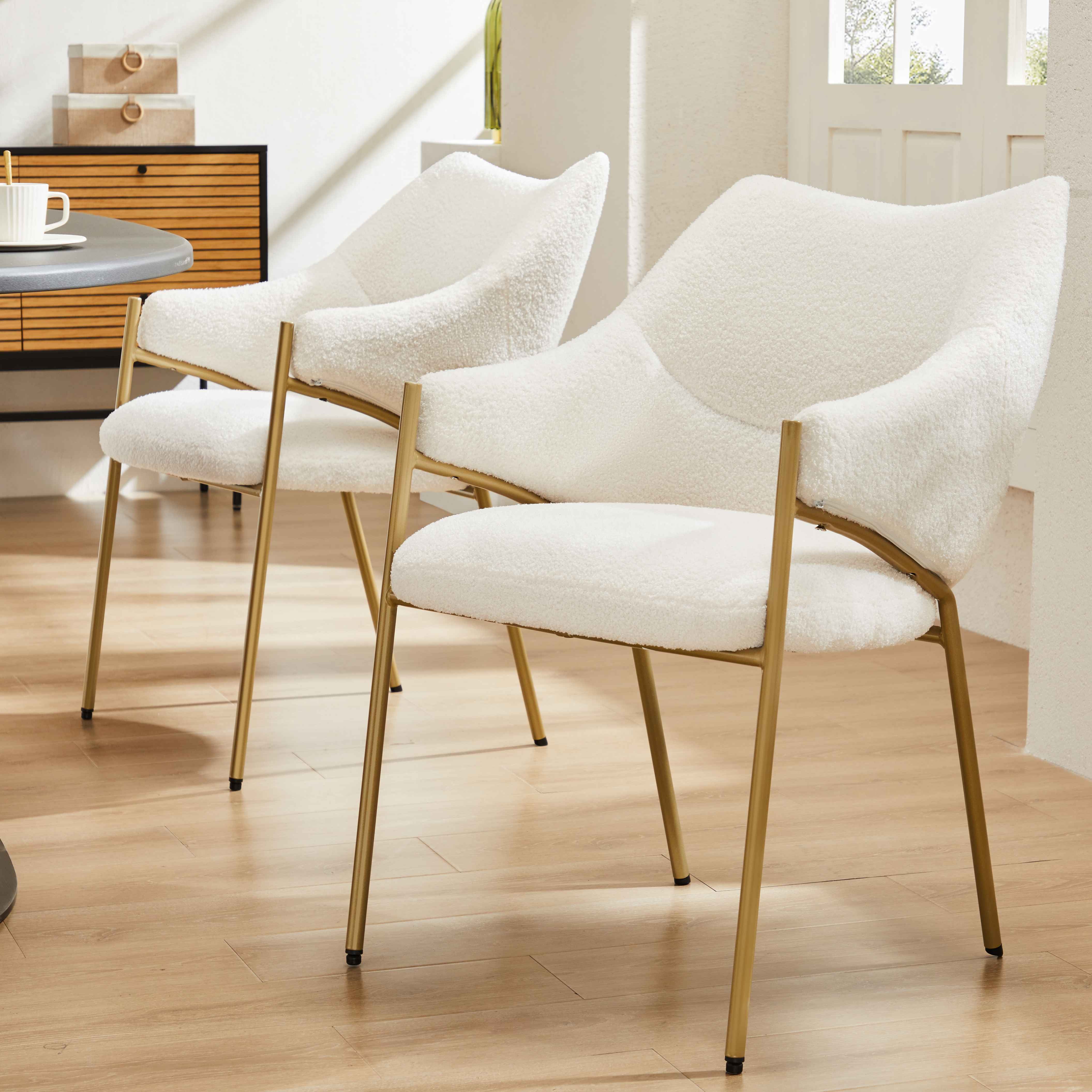 1 Chaise de salle à manger avec accoudoirs - tissu en sherpa - style moderne - Beige - 2