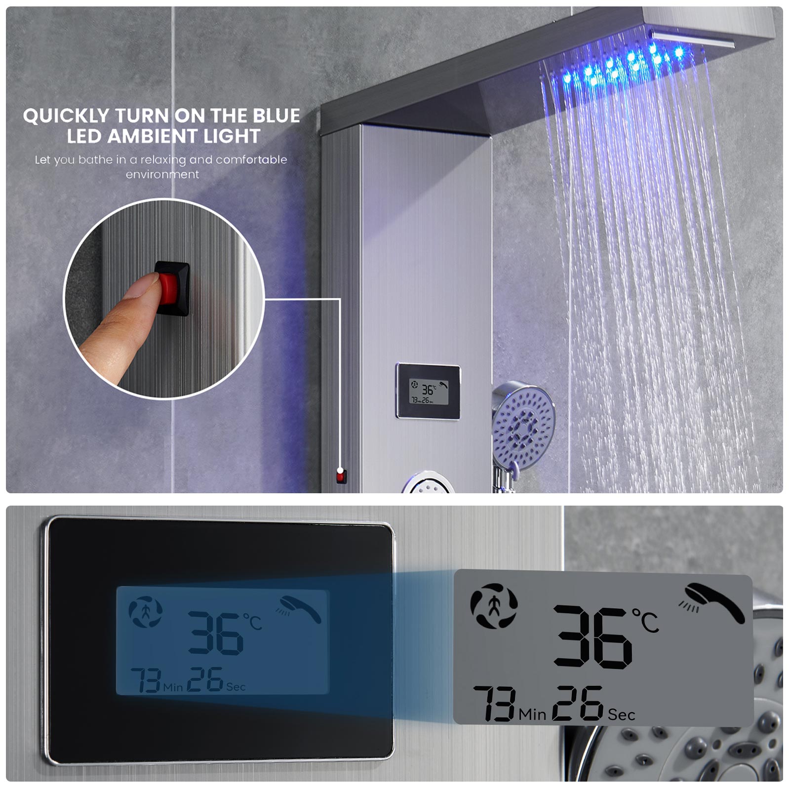 Panneau Douche LED LCD Indicateur de température Colonne Douche Hydromassante Panneau Douche en Acier Inox Brossé avec 3 Jets de Massage,EU Modèle - 7