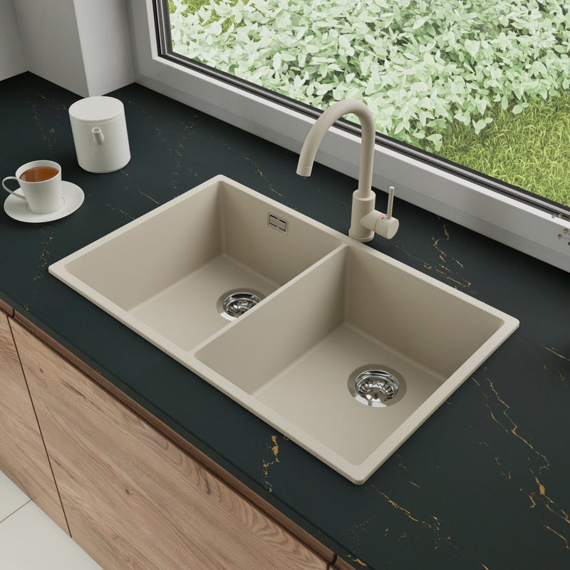 Zlewozmywak Granitowy 76x47cm, do szafki od 80cm + Bateria + Syfon - Agate Beżowy STONESTYLE