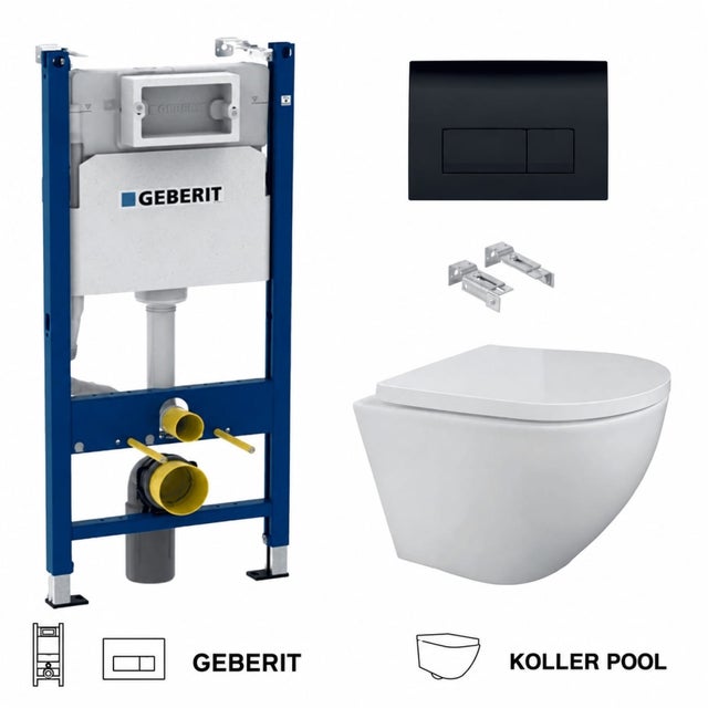 Bâti-support GEBERIT Duofix pack réservoir encastrable et plaque DELTA 50 Noir Brillant avec WC suspendu ROUND SMART Blanc Tornade 3.0 par KP