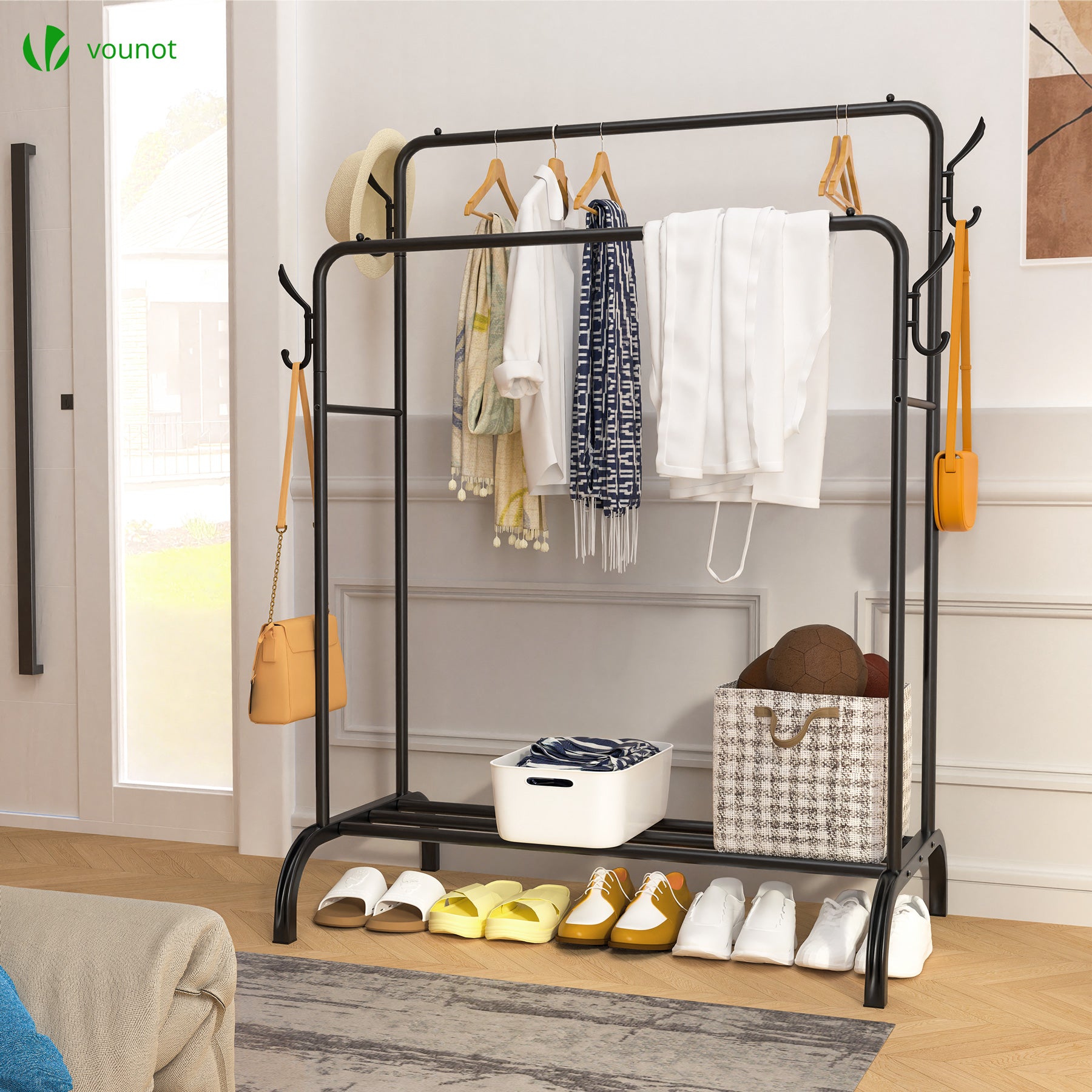 Portant a Vetements Double avec etagere Chaussures 4 Crochets Lateraux 110x58x150cm metal Noir VOUNOT® - 6