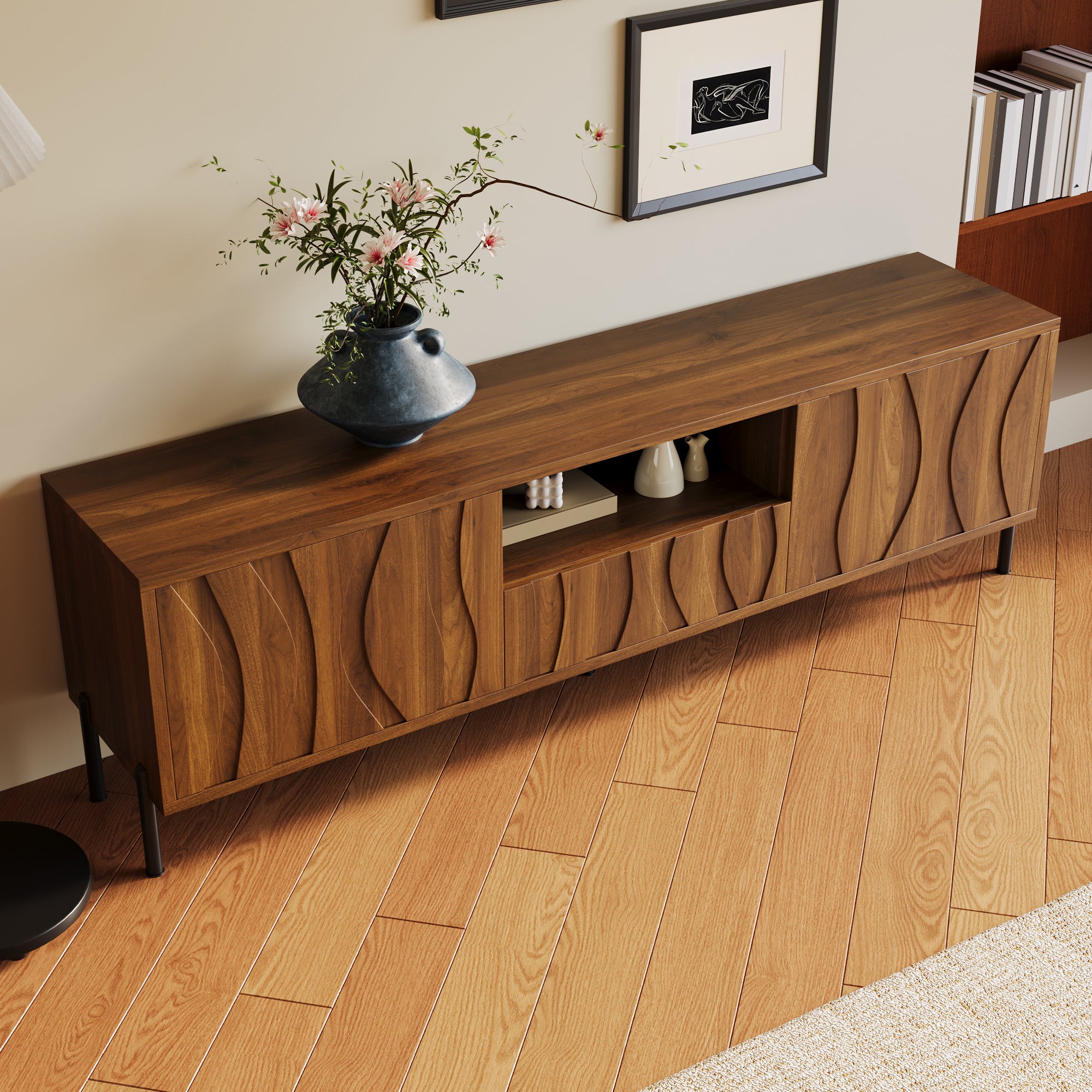 Meble pod TV 160x35x46cm - z 3 frontami - z otwartą przestrzenią do przechowywania - Nogi żelazne - MDF - Kolor naturalny - 2