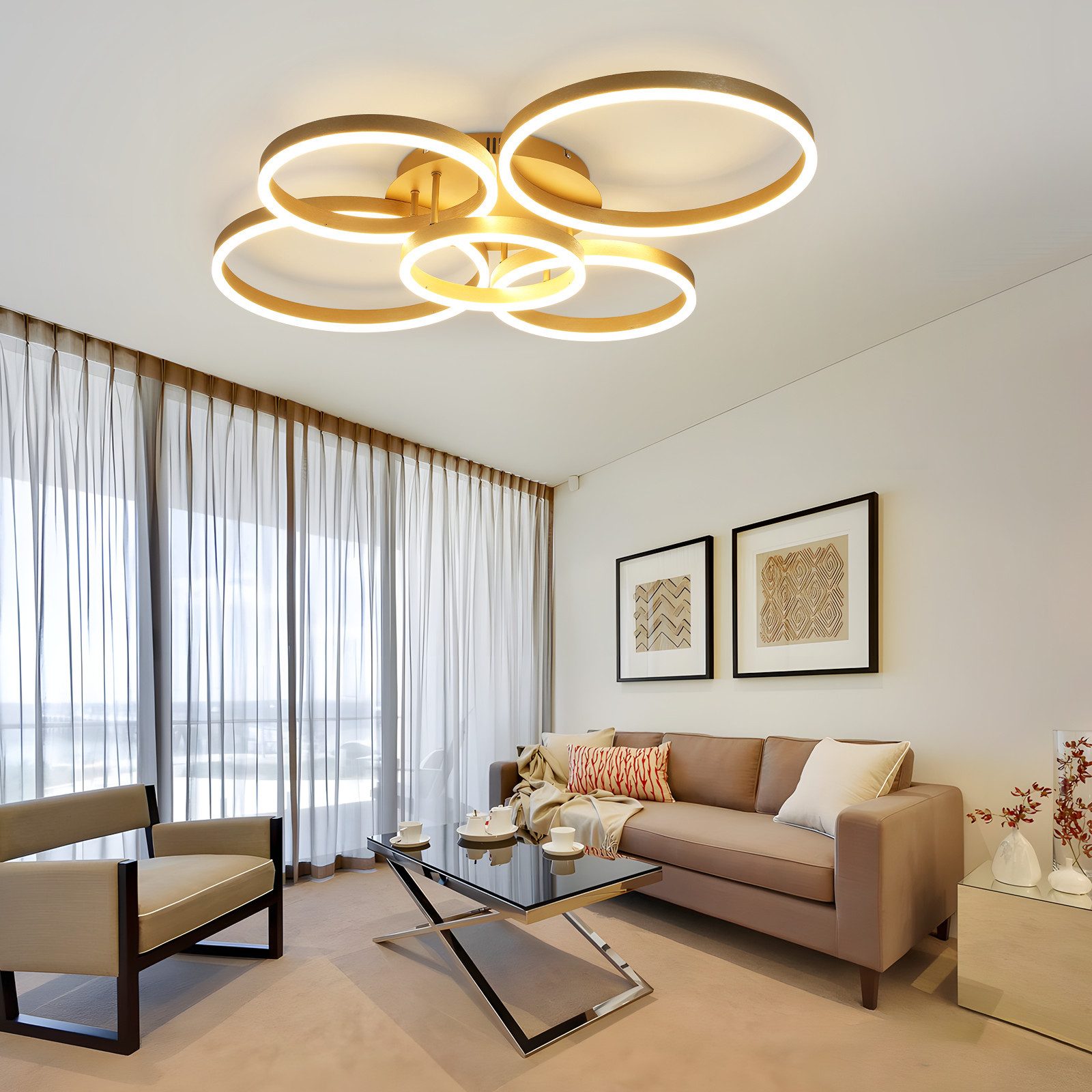 NETTLIFE Lámpara de techo LED para sala de estar, regulable, 78 W, 3000-6500 K, 5 anillos de acrílico moderno dorado con control remoto - 8