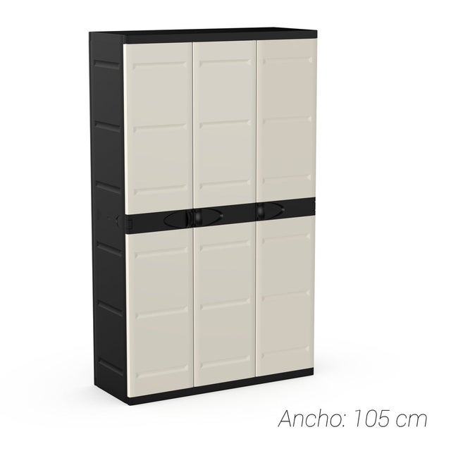 Plastiken Titanium Armoire haute 3 portes avec étagères et penderie - L105 x P40.5 x H176 cm - Beige et noir - Intérieur et extérieur